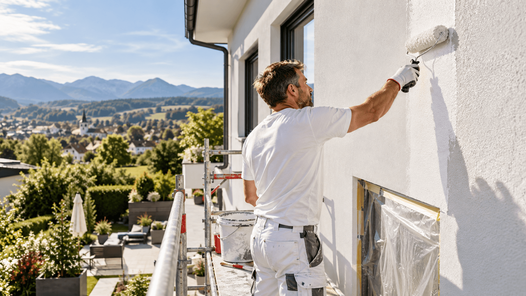 Maler streicht die Fassade eines Wohnhauses vom Gerüst aus, im Hintergrund Berge und Ortschaft