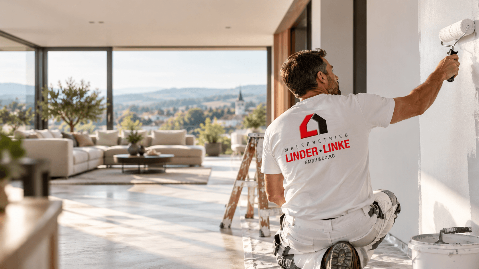 Maler von Linder-Linke streicht eine Wand in einem hellen, modernen Wohnraum mit Blick auf die Landschaft