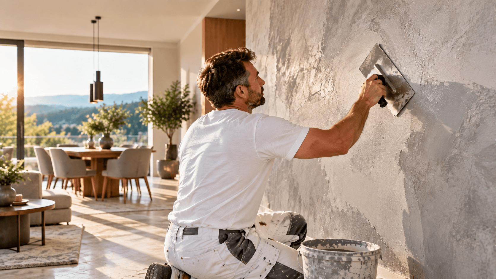 Maler trägt mit der Kelle eine strukturierte Spachteltechnik auf eine Wand auf