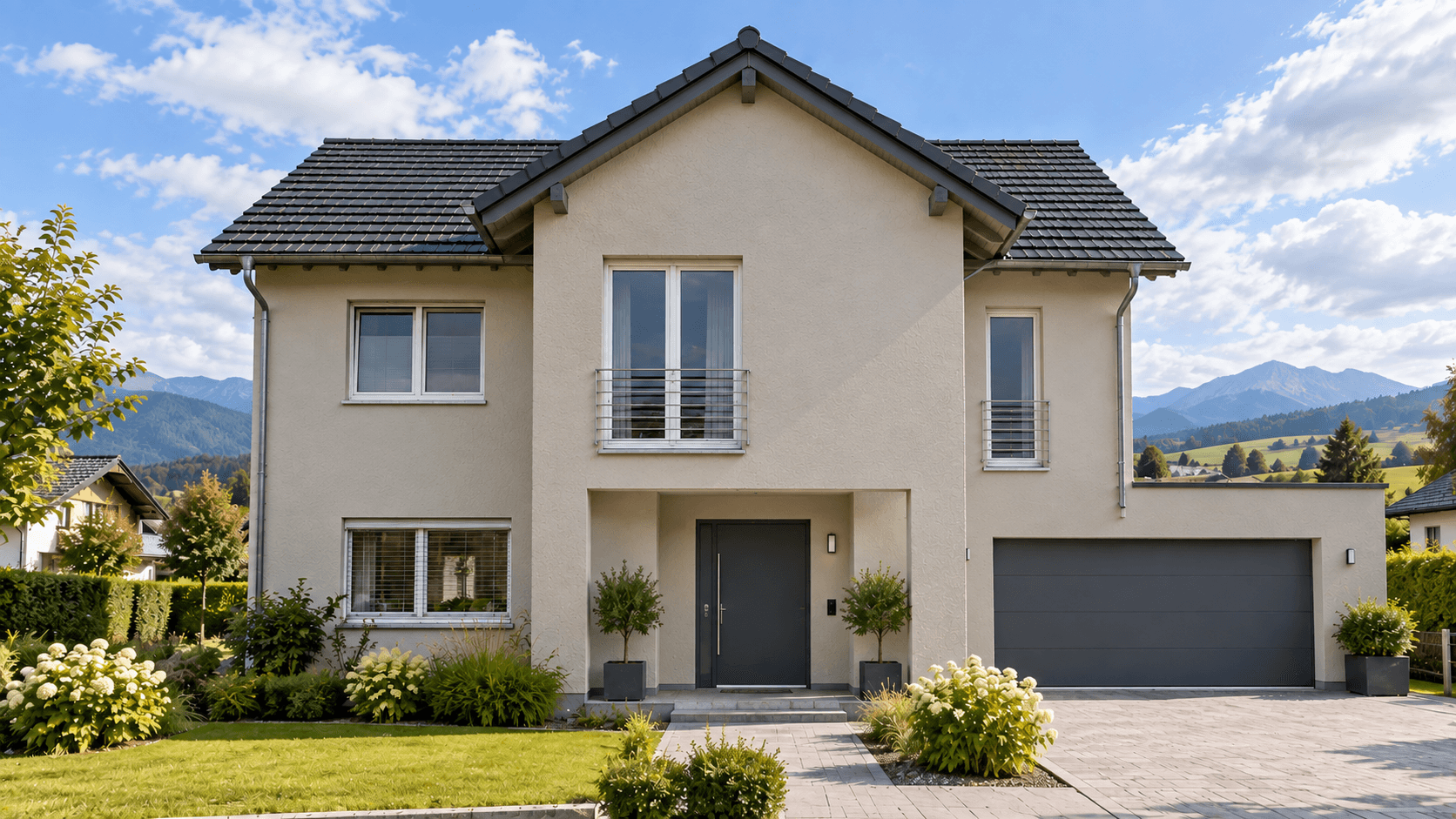 Dasselbe Wohnhaus nach dem Neuanstrich mit gleichmäßiger, sauberer Fassade