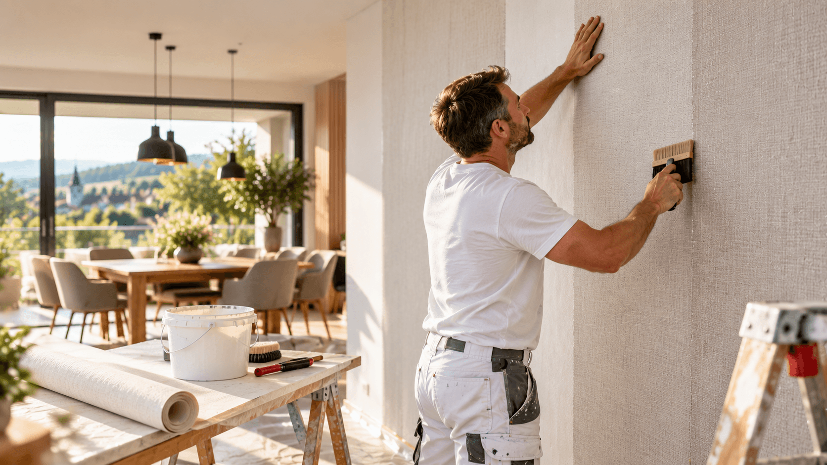 Maler tapeziert eine Wand mit strukturierter Tapete in einem hellen Essbereich