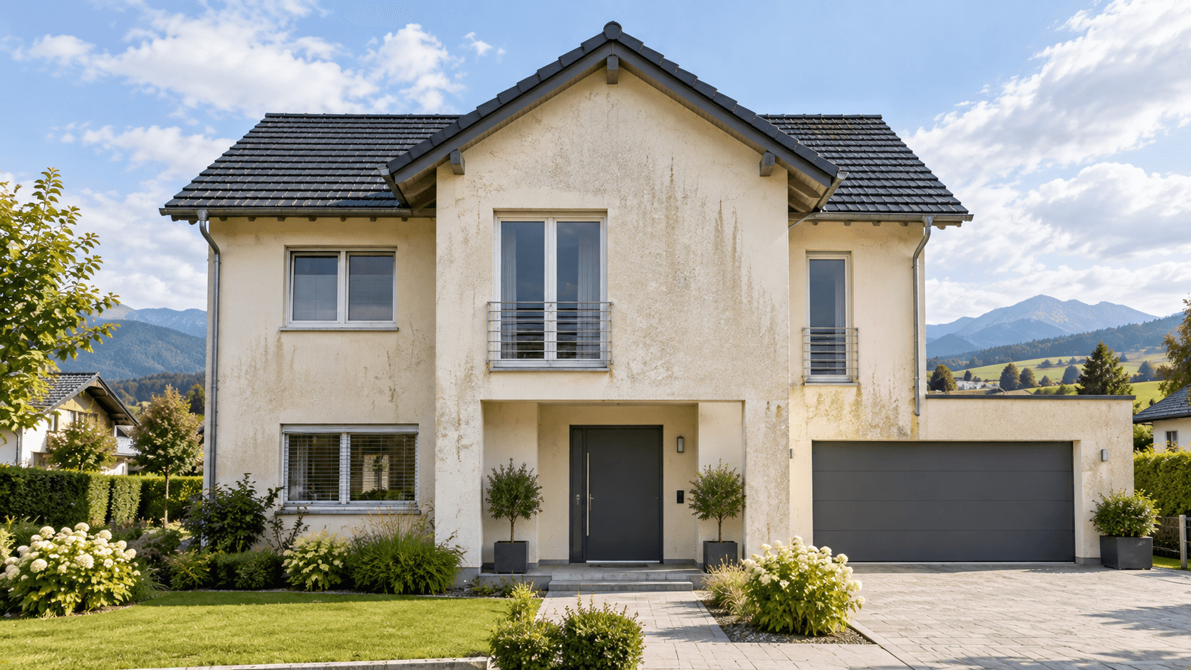 Wohnhaus mit verwitterter, fleckiger und vergrauter Putzfassade vor der Sanierung